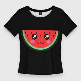 Женская футболка 3D Slim с принтом Арбузик на черном фоне в Кировске,  |  | арбуз | арбузик | арбузик на черном фоне | арбузы | красный | лето | милый | сладкий | сочный | черный | черный фон