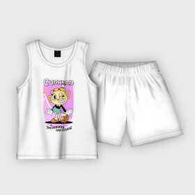 Детская пижама с шортами хлопок с принтом Мисс Чаша в Кировске,  |  | cuphead | игра | мисс чаша | надпись | название | персонаж | пятна