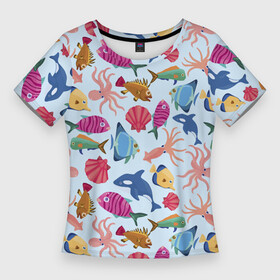 Женская футболка 3D Slim с принтом Паттерн из морских жителей  Лето в Кировске,  |  | calmar | fin | fish | killer whale | octopus | shell | summer | кальмар | касатка | лето | осьминог | плавник | ракушка | рыба