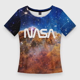 Женская футболка 3D Slim с принтом Лого NASA и Туманность Киля в Кировске,  |  | james webb telescope | nasa | space | universe | вселенная | зведы | звездное небо | космос | наса | телескоп джеймс уэбб | туманность киля | туманность киля джеймс уэбб | туманность киля наса | фото вселенная