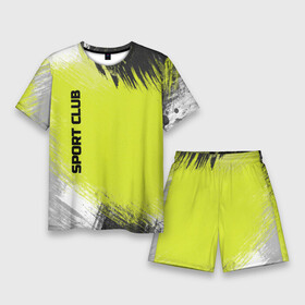 Мужской костюм с шортами 3D с принтом Sports club gray green pattern в Кировске,  |  | pattern | sports club | зеленый неоновый | пятна краски | серый | спорт | спортивный | спотривный клуб | черный