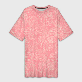 Платье-футболка 3D с принтом Бежевые листья монстеры на розовом в Кировске,  |  | beige | botanical | hawaii | jungle | leaves | light pink | monochrome | monstera | palm | pink | tropical | бежевый | ботанический | гавайи | джунгли | листья | монохромный | монстера | пальма | розовый | светло розовый | тропический