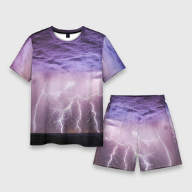 Мужской костюм с шортами 3D с принтом Гроза в ночном небе в Кировске,  |  | element | lightning | nature | storm | storm cloud | гроза | молния | природа | стихия | тучи
