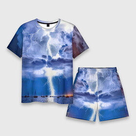 Мужской костюм с шортами 3D с принтом Разряд молнии над океаном в Кировске,  |  | element | lightning | nature | ocean | storm | storm cloud | yacht | гроза | молния | океан | природа | стихия | туча | яхта