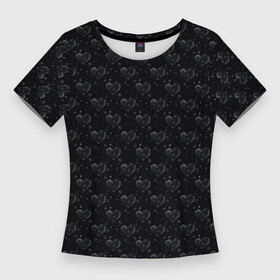 Женская футболка 3D Slim с принтом Серые сердца на темном фоне в Кировске,  |  | любовь | монохром | паттерн | сердце | темное | узоры | черное | черное сердце | черный