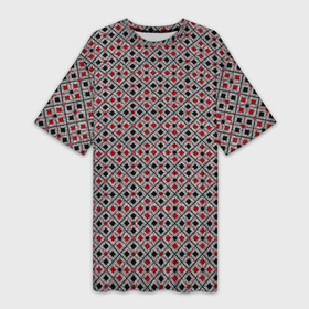 Платье-футболка 3D с принтом Красный, черный квадраты на гранжевом сером в Кировске,  |  | black | checkered | geometric | gray | grunge | plaid | red | red and black | squares | в клетку | геометрический | гранжевый | квадраты | клетчатый | красный | красный и черный | плед | серый | черный