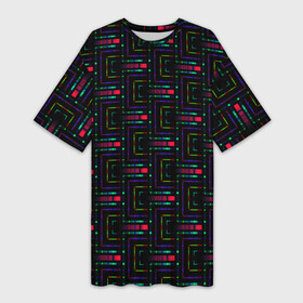 Платье-футболка 3D с принтом Яркие полосы на черном в Кировске,  |  | abstract | black | blue | bright | bright stripes | geome | geometric | green | neon | neon stripes | red | абстрактный | геометрический | зеленый | красный | красный и черный | линии | неоновые полосы | неоновый | синий | фигуры | черный