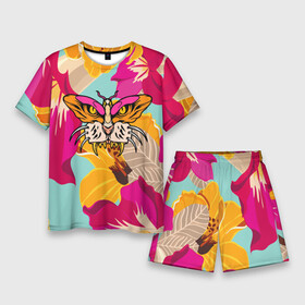 Мужской костюм с шортами 3D с принтом Цветы, бабочка и морда тигра в Кировске,  |  | butterfly | fangs | flowers | illusion | jaw | tiger | бабочка | иллюзия | клыки | пасть | тигр | цветы