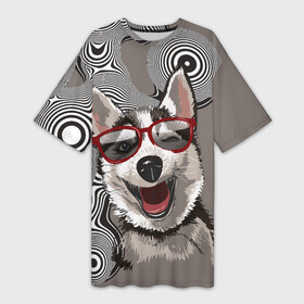 Платье-футболка 3D с принтом Веселый хаски в Кировске,  |  | веселое | голова собаки | ездовая собака | животное | порода | собака | хаски