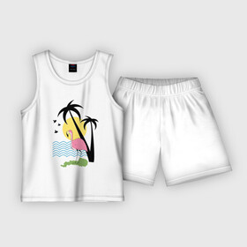 Детская пижама с шортами хлопок с принтом Фламинго на летнем пляже в Кировске,  |  | жара | жарко | лето | остров | пляж | птица | солнце | тепло | фламинго