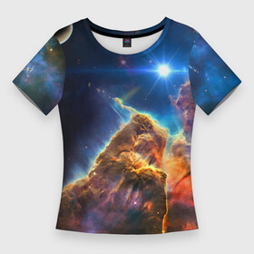 Женская футболка 3D Slim с принтом Бесконечное космическое пространство в Кировске,  |  | cosmos | neon | planet | space | star | звезда | космос | неон | планета | пространство