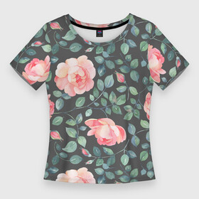 Женская футболка 3D Slim с принтом Розовые розы на сером фоне Цветы в Кировске,  |  | flowers | greensoul | pink roses | rose | roses | ботаника | растительный | роза | розовые розы | розовые цветы | розы | цветочный | цветы