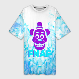 Платье-футболка 3D с принтом Five Nights At Freddy s  синий огонь на белом фоне в Кировске,  |  | at freddys | five nights | five nights at freddys | fnaf | game | games | paint | бонни | брызги | игра | игры | краска | пять ночей | пять ночей с фредди | с фредди | фнаф | фокси | фредди | чика
