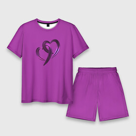 Мужской костюм с шортами 3D с принтом Два фиолетовых сердечка на фиолетовом фоне в Кировске,  |  | блестящий | валентинка | любовь | неоновый | романтика | сердечко | сердце | фиолетовый