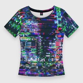 Женская футболка 3D Slim с принтом Ночной город  glitch в Кировске,  |  | advertisement | city | glitch | lights | megapolis | night | глитч | город | мегаполис | ночь | огни