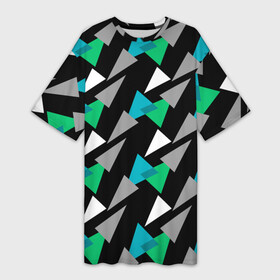 Платье-футболка 3D с принтом Разноцветные треугольники на черном фоне в Кировске,  |  | геометрический узор | зеленый | серый | темный узор | треугольники
