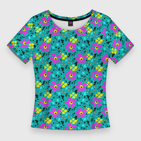 Женская футболка 3D Slim с принтом Яркий цветочный узор на бирюзовом фоне в Кировске,  |  | бирюзовый | детский принт | летний узор | розовые цветы | цветочный узор | цветы | яркий розовый