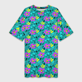 Платье-футболка 3D с принтом Яркий цветочный узор на бирюзовом фоне в Кировске,  |  | бирюзовый | детский принт | летний узор | розовые цветы | цветочный узор | цветы | яркий розовый