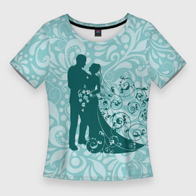 Женская футболка 3D Slim с принтом Свадьба  молодожены в Кировске,  |  | just married | брак | женат | жених | кольца | молодожены | невеста | свадьба | супруги