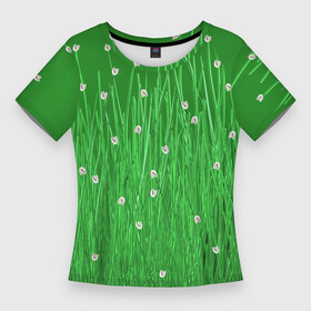 Женская футболка 3D Slim с принтом Трава с белыми цветочками в Кировске,  |  | зеленый | паттерн | природа | цветы