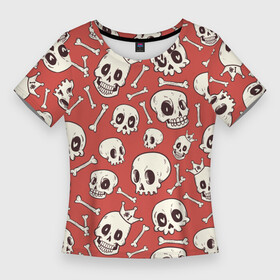 Женская футболка 3D Slim с принтом Черепа на красном фоне в Кировске,  |  | паттерн | скелет | текстура | череп | черепа | черепки