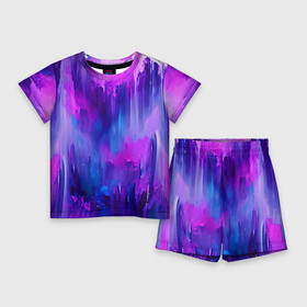 Детский костюм с шортами 3D с принтом Purple splashes в Кировске,  |  | abstraction | blue | bright | brush | multicoloured | paint | pink | purple | splashes | абстракция | арт | брызги | кисть | краска | рисунок | розовый | синий | темный | фиолетовый | яркий