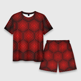 Мужской костюм с шортами 3D с принтом Красные неоновые соты в Кировске,  |  | 3d | 3д | гексагон | неон | неоновые | сота | соты | шестигранники | ячейки