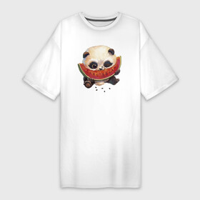 Платье-футболка хлопок с принтом Маленький панда ест арбуз в Кировске,  |  | bear | ears | eye | muzzle | panda | paws | watermelon | арбуз | глаз | лапы | медведь | панда | уши