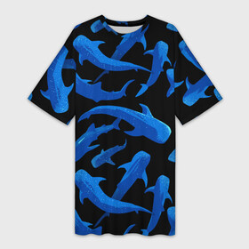 Платье-футболка 3D с принтом Стая акул  паттерн в Кировске,  |  | fin | ocean | pack | pattern | shark | tail | акула | океан | паттерн | плавник | стая | хвост