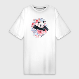 Платье-футболка хлопок с принтом Панда среди летних цветов в Кировске,  |  | ears | eyes | flowers | muzzle | nose | panda | paws | summer | глаза | лапы | лето | нос | панда | уши | цветы