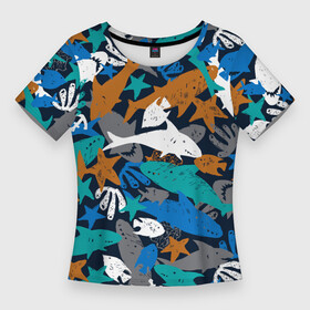 Женская футболка 3D Slim с принтом Акула и другие обитатели океана в Кировске,  |  | anchor | coral | fish | ocean | pattern | sea | shark | starfish | акула | коралл | море | морская звезда | океан | паттерн | рыба | якорь