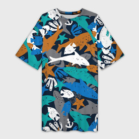 Платье-футболка 3D с принтом Акула и другие обитатели океана в Кировске,  |  | anchor | coral | fish | ocean | pattern | sea | shark | starfish | акула | коралл | море | морская звезда | океан | паттерн | рыба | якорь