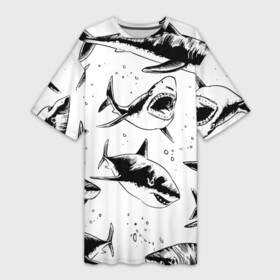 Платье-футболка 3D с принтом Кровожадные акулы  стая в Кировске,  |  | Тематика изображения на принте: fin | jaw | ocean | pack | pattern | shark | tail | teeth | акула | зубы | океан | пасть | паттерн | плавник | стая | хвост