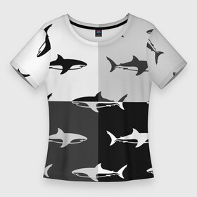 Женская футболка 3D Slim с принтом Стая акул  pattern в Кировске,  |  | fin | pack | pattern | shark | tail | акула | паттерн | плавник | стая | хвост