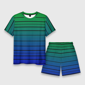 Мужской костюм с шортами 3D с принтом Черные полосы на синем, зеленом градиенте в Кировске,  |  | black stripes | blue | gradient | green | horizontal | lines | minimalism | ombre | simple | striped | stripes | горизонталь | градиент | зеленый | линии | минимализм | омбре | полосатый | полосы | простой | синий | черные полосы