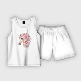 Детская пижама с шортами хлопок с принтом Белый единорог в цветах в Кировске,  |  | единорог | лошадка | лошадь | пони | цветы