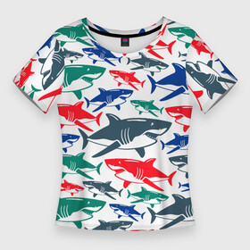 Женская футболка 3D Slim с принтом Стая разноцветных акул  паттерн в Кировске,  |  | color | fin | jaw | pack | pattern | shark | summer | tail | teeth | акула | зубы | лето | пасть | паттерн | плавник | стая | хвост | цвет