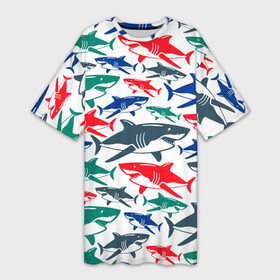 Платье-футболка 3D с принтом Стая разноцветных акул  паттерн в Кировске,  |  | color | fin | jaw | pack | pattern | shark | summer | tail | teeth | акула | зубы | лето | пасть | паттерн | плавник | стая | хвост | цвет