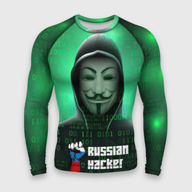 Мужской рашгард 3D с принтом Russian hacker green в Кировске,  |  | hack | hacker | rus | russia | welcome to russia | анонимус | герб | герб россии | из россии | патриотизм | российская федерация | россия | русский | рф | хак | хакер