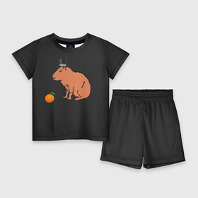 Детский костюм с шортами 3D с принтом Капибара в цилиндре в Кировске,  |  | capybara | апельсин около капибары | капибара в шляпе | капибара мем | капибара с апельсином | морская свинка | покерфейс капибара | цилиндр
