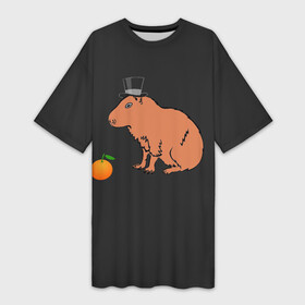 Платье-футболка 3D с принтом Капибара в цилиндре в Кировске,  |  | capybara | апельсин около капибары | капибара в шляпе | капибара мем | капибара с апельсином | морская свинка | покерфейс капибара | цилиндр