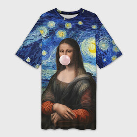 Платье-футболка 3D с принтом Мона Лиза Приколы  Звездная ночь в Кировске,  |  | ван гог | джоконда | картина | леонардо да винчи | мем