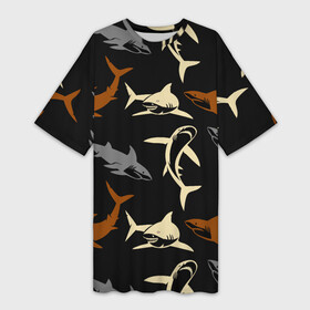 Платье-футболка 3D с принтом Стая акул  паттерн  ночной океан в Кировске,  |  | fin | jaw | night | ocean | pack | pattern | shark | tail | teeth | акула | зубы | ночь | океан | пасть | паттерн | плавник | стая | хвост