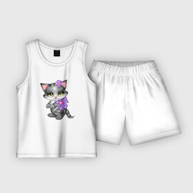 Детская пижама с шортами хлопок с принтом Серая кошечка с фиолетовым бантиком в Кировске,  |  | кот | котенок | котик | кошечка | кошка