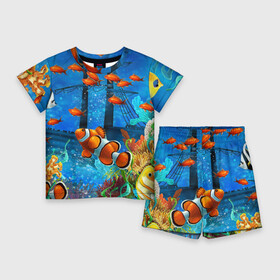 Детский костюм с шортами 3D с принтом Затонувший корабль в окружении обитателей океана в Кировске,  |  | coral | fish | ocean | seaweed | ship | водоросли | корабль | кораллы | океан | рыбы