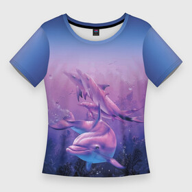 Женская футболка 3D Slim с принтом Стайка дельфинов в глубине океана в Кировске,  |  | depth | dolphin | ocean | pack | seaweed | водоросли | глубина | дельфин | океан | стая