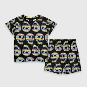 Детский костюм с шортами 3D с принтом Прикольные красочные черепа  паттерн в Кировске,  |  | color | jaw | neon | pattern | skull | teeth | зубы | неон | пасть | паттерн | цвет | череп