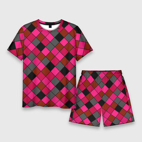 Мужской костюм с шортами 3D с принтом Розово красный геометрический узор в Кировске,  |  | в клетку | геометрические фигуры | геометрический узор | клетчатый узор | красная клетка | красный