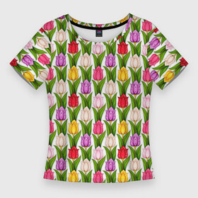Женская футболка 3D Slim с принтом тюльпаны разных цветов в Кировске,  |  | белые тюльпаны | желтые тюльпаны | розовые тюльпаны | тюльпаны | фиолетовые тюльпаны | цветы