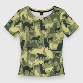 Женская футболка 3D Slim с принтом Кошачий камуфляж в зеленой гамме в Кировске,  |  | camouflage | камуфляж | коты | маскировка | паттерн